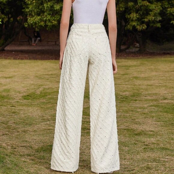 Casual Women's Wide Leg Textured Fringe Detail Palazzo denim  Pants - Picture 4 of 6